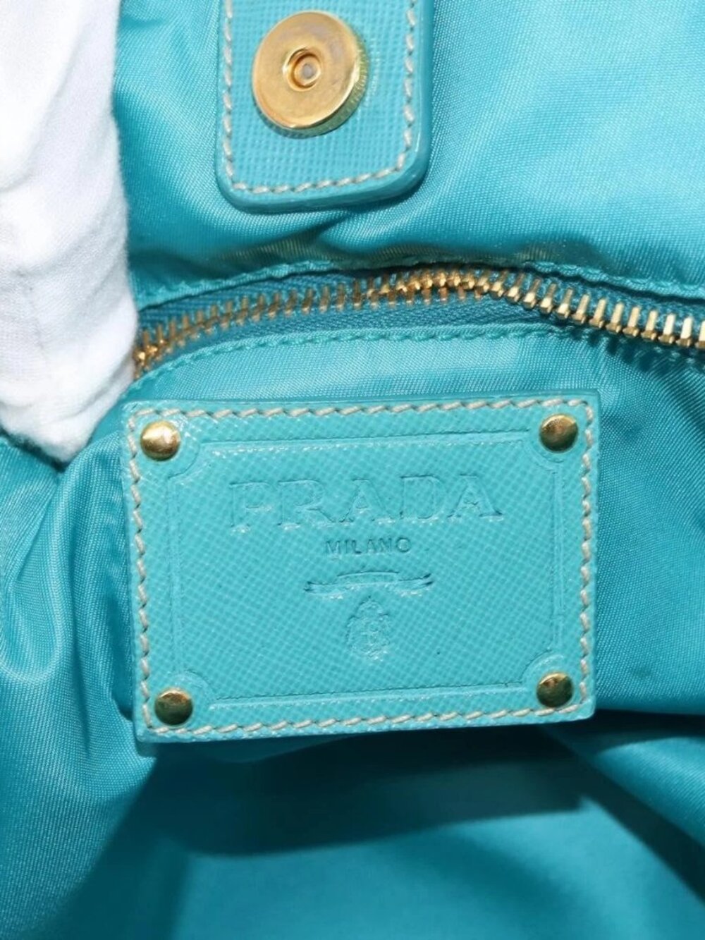 PRADA Tote Bag Nylon Leather Turquoise Blue Gold Auth 147406 - Picture 11 of 16